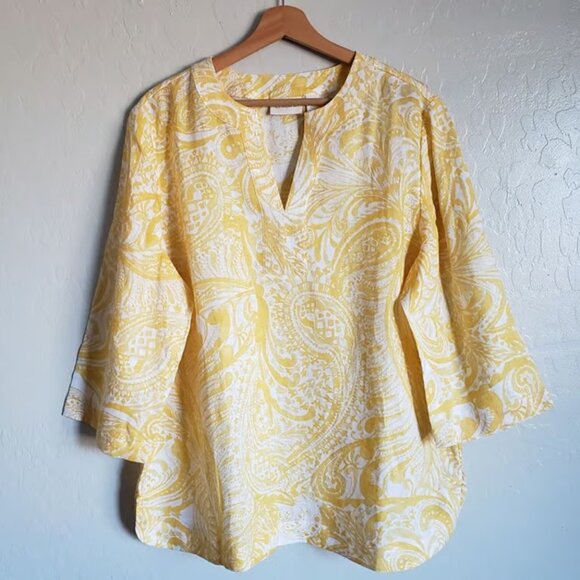 Chico's 100% Linen Paisley Sequin Tunic Yellow Sz XL Round Hem Vacation Resort - Picture 1 of 7